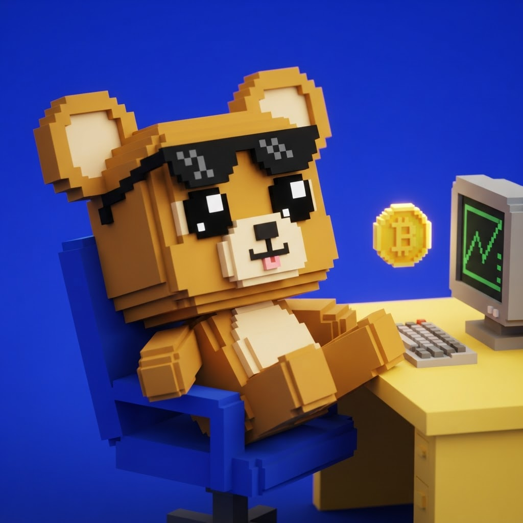 A relaxed pixel bear wearing sunglasses, sitting at a desk with its feet up