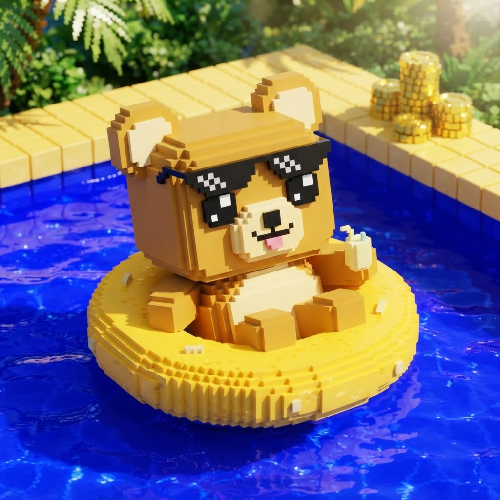 Pixel bear in sunglasses relaxing in a swimming pool