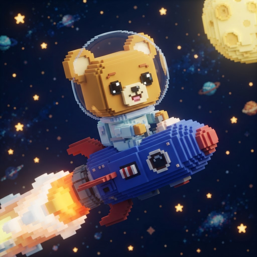 Astronaut pixel bear riding a blue rocket in space